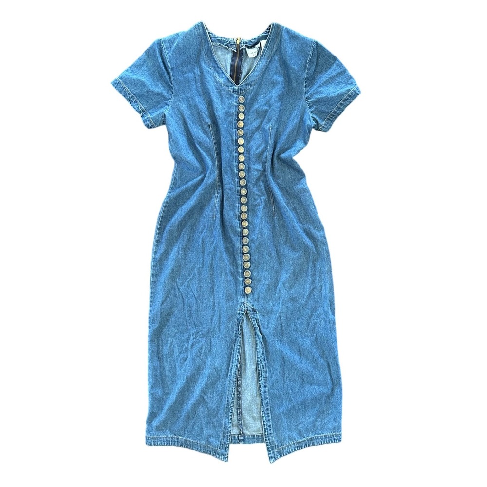 Vintage Halmode Petites‎ Denim Short Sleeve Midi Dress Women's Size 8 / 10